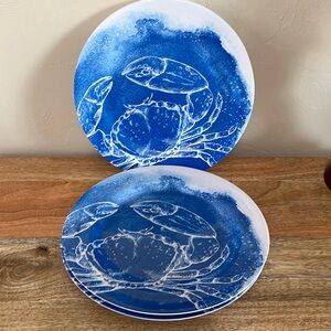 (4) Melamine Ware 4 PC SET Blue White DINNER Plates Crab Nautical Island Living